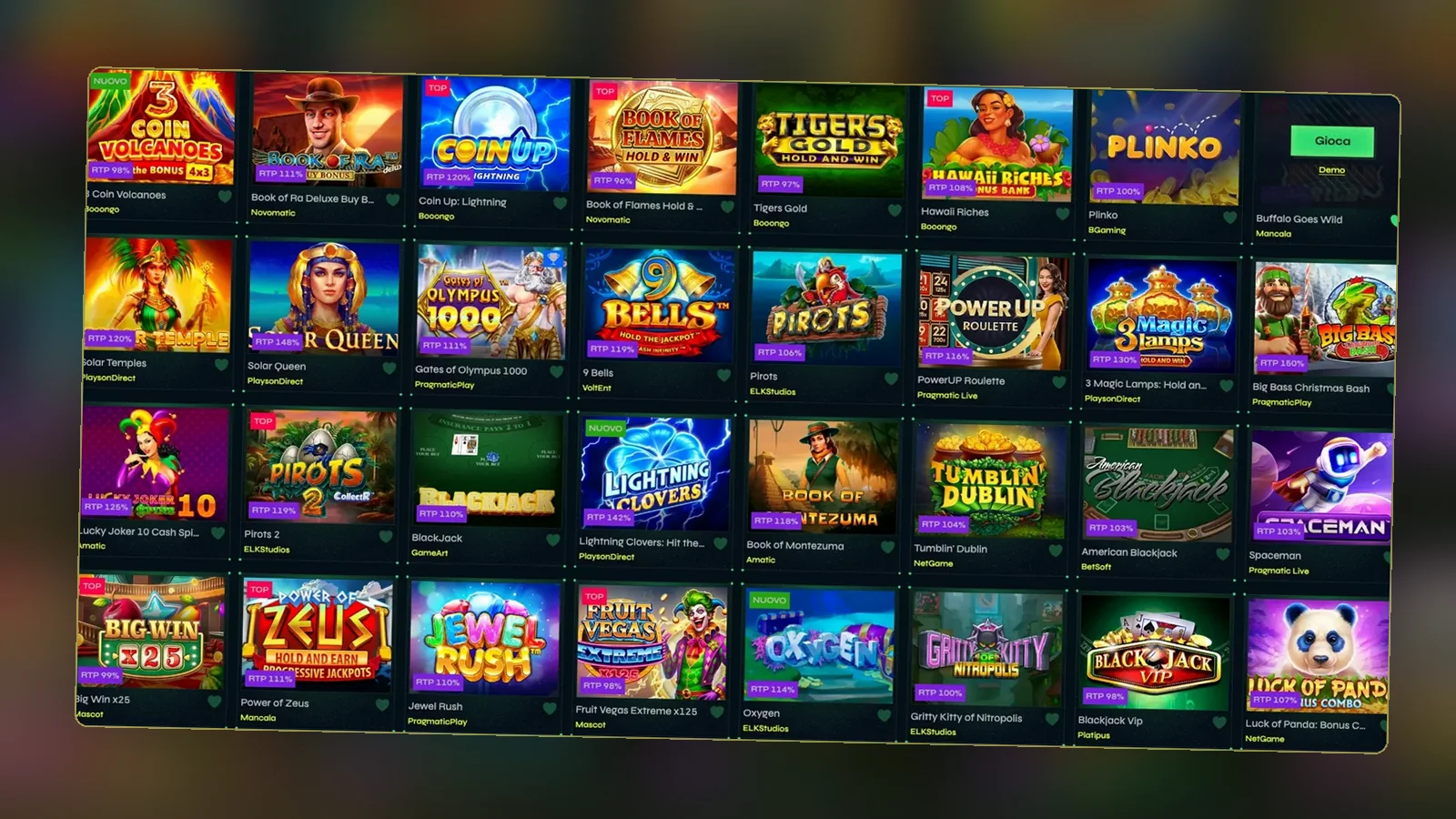 Lobby dei giochi con filtri per provider e categorie