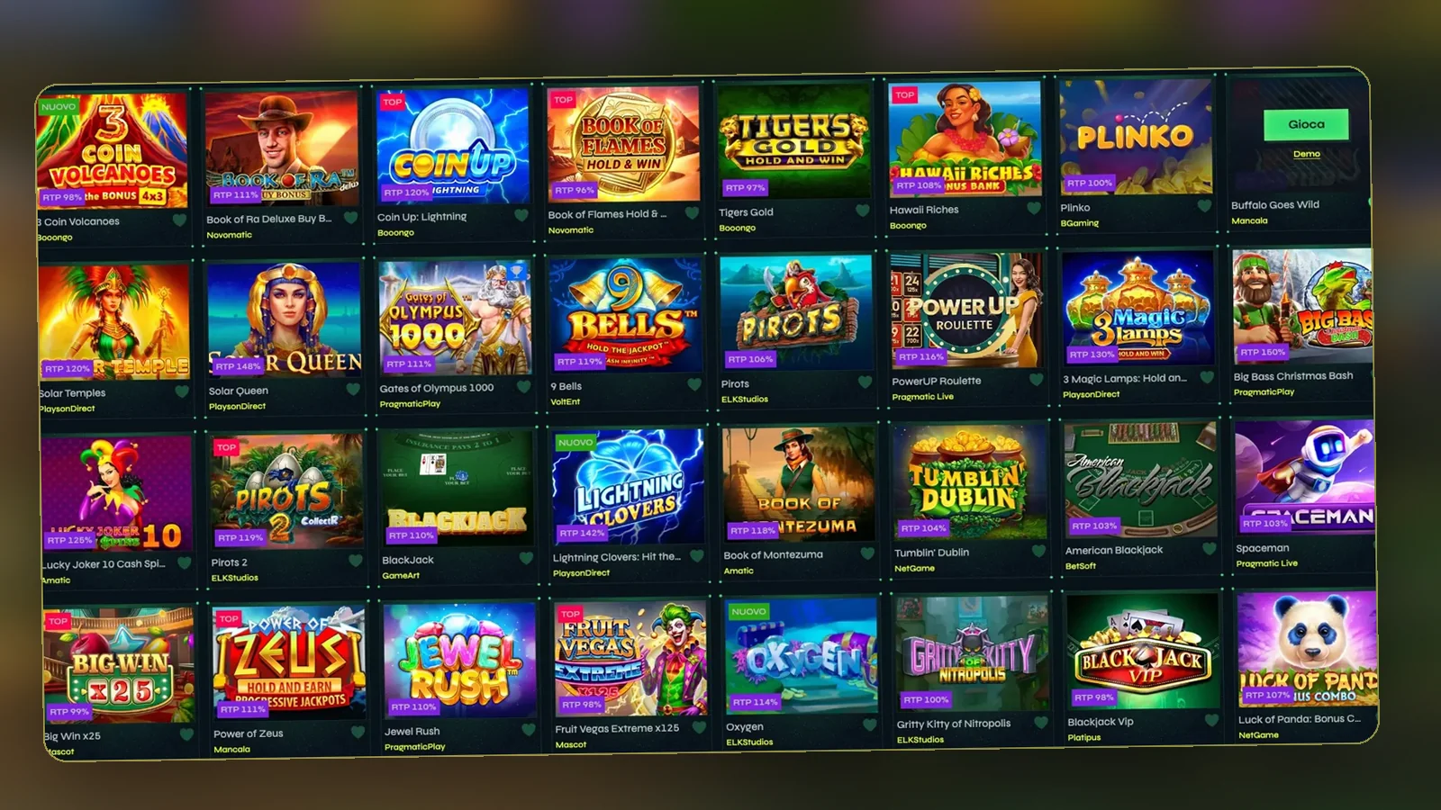Lobby dei giochi con slot e titoli popolari