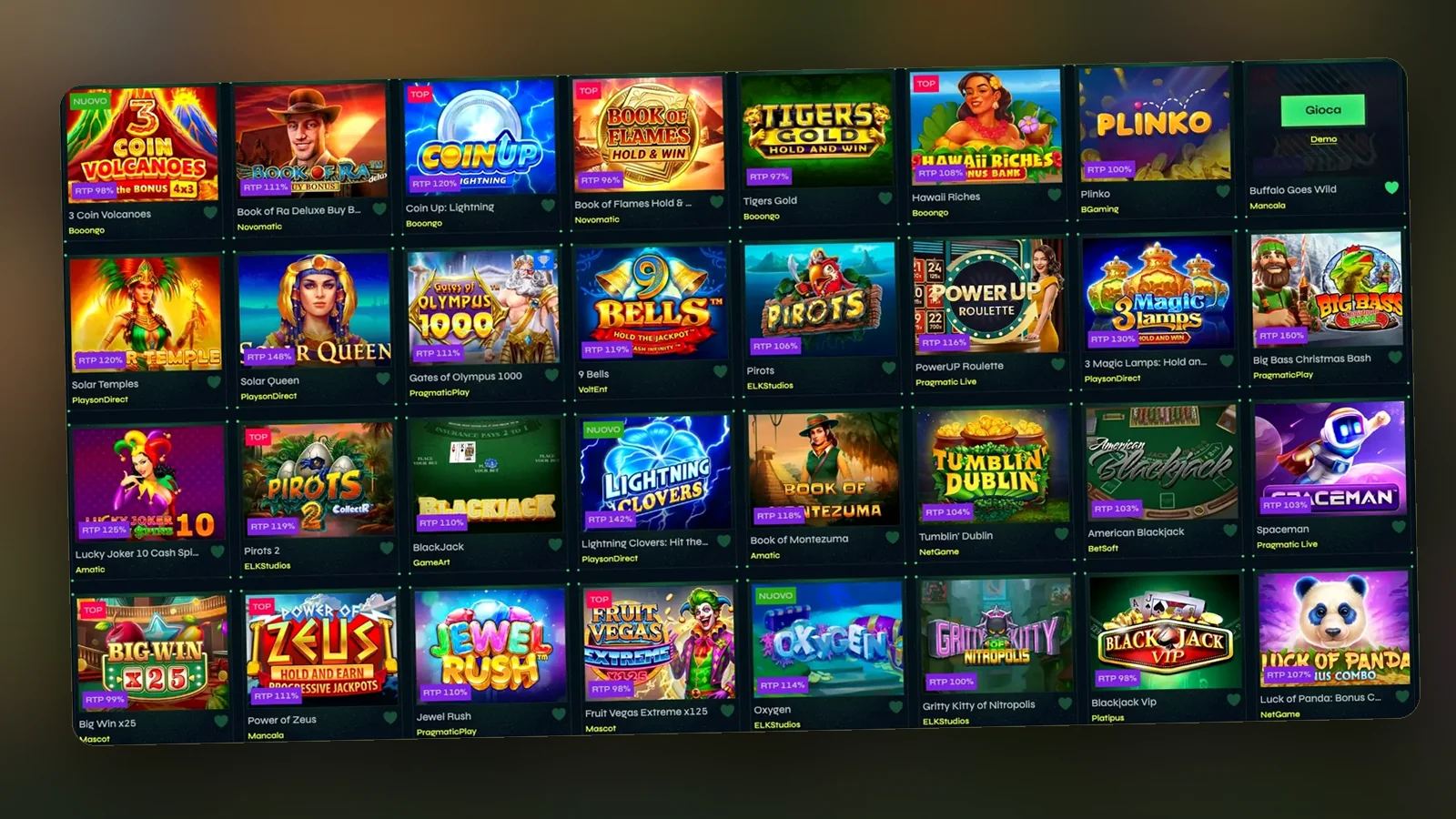 Lobby del casinò con slot e sezione live casino